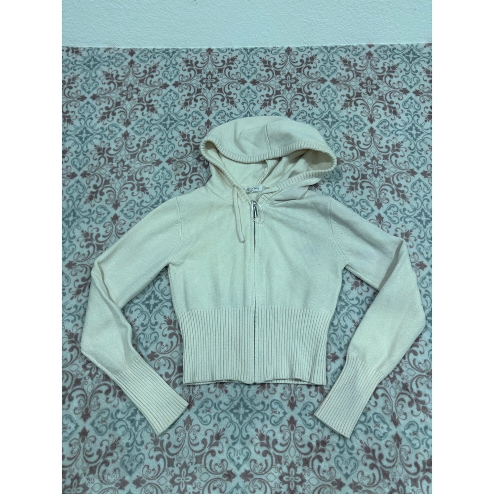 Sweet Envy Cream Knit Zip Up Hoodie Cropped Ribbed Sweater Womens Large